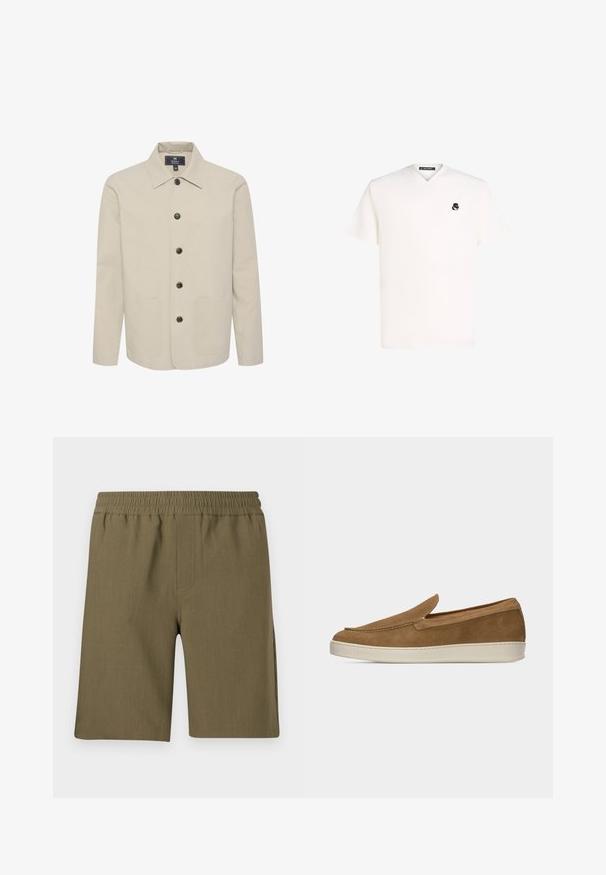 Beige Jacke aus Baumwolle mit Kragen, Knopfverschluss und zwei seitlichen Taschen. Glatte Textur mit braunen Knöpfen.; V-Ausschnitt T-Shirt aus einem cremefarbenen Stoff mit kurzen Ärmeln, das ein kleines schwarzes Logo auf der Brust trägt. Einfacher, glatter Stoff.; Samsøe Samsøe SMITH - Shorts - four leaf clover; Hellbrauner Wildleder-Slipper mit weißer Gummisohle, minimalen Nähten und flachem Design vor einfachem hellem Hintergrund.