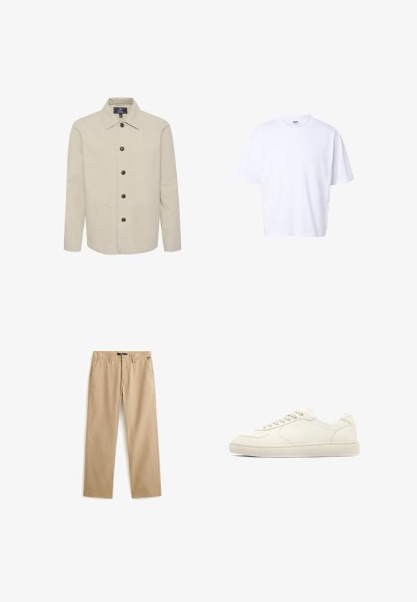 Beige Jacke aus Baumwolle mit Kragen, Knopfverschluss und zwei seitlichen Taschen. Glatte Textur mit braunen Knöpfen.; Schlichtes weißes Baumwoll-T-Shirt mit kurzen Ärmeln, Rundhalsausschnitt, lockerem Schnitt und Urban Classic Markenetikett im Krageninneren.; Beige gerade geschnittene Hose mit Gürtelschlaufen, vorderem Knopf, Reißverschluss und Seitentaschen vor weißem Hintergrund.; Niedriger Sneaker aus off-weißem Leder mit Schnürverschluss vorne und flacher Gummisohle, seitlich auf weißem Hintergrund dargestellt.