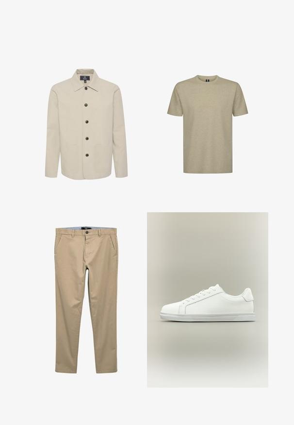 Beige Jacke aus Baumwolle mit Kragen, Knopfverschluss und zwei seitlichen Taschen. Glatte Textur mit braunen Knöpfen.; Beiges T-Shirt mit kurzen Ärmeln aus weichem Baumwollstoff. Es hat einen Rundhalsausschnitt und eine normale Passform ohne Muster oder Grafiken.; Beige Chinos aus einem Baumwollmischgewebe; verfügen über frontale Taschen, einen Knopfverschluss und ein gerades Bein. Glatte, matte Textur.; Weißer Sneaker mit niedrigem Schaft, Schnürung vorne und strukturierter Gummisohle vor einfachem neutralem Hintergrund.