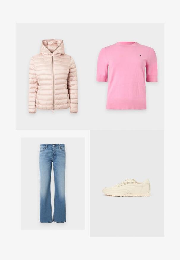 Chaqueta acolchada en rosa suave con capucha, cierre de cremallera y textura acanalada con detalles de costuras horizontales en toda la tela.; Top de punto rosa de manga corta con cuello redondo acanalado, pequeño logo de bandera en el pecho y detalles sutiles de punto en las mangas y el dobladillo.; Pantalones vaqueros de mezclilla azul claro con cintura alta, cierre frontal de botón y cremallera, cinco bolsillos, y estilo de pierna acampanada.; Zapatilla de perfil bajo color crema con costuras onduladas, cierre de cordones y suela acanalada, mostrada de lado sobre un fondo liso.