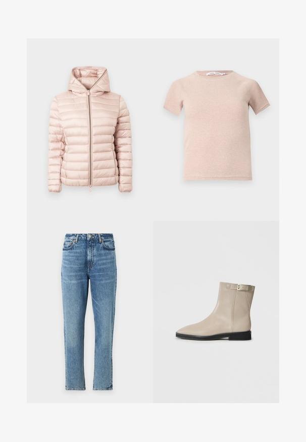 Chaqueta acolchada en rosa suave con capucha, cierre de cremallera y textura acanalada con detalles de costuras horizontales en toda la tela.; Camiseta de manga corta color rosa claro, fabricada en tejido acanalado, con un escote redondo y un corte relajado. Diseño simple y sin costuras.; Jeans de mezclilla azul claro con cintura alta, diseño de pierna recta y textura desgastada. Presentan herrajes plateados y costuras en contraste.; Botín de cuero beige hasta el tobillo con puntera afilada, suela negra, tacón bajo y correa con hebilla dorada en el lado exterior, mostrado sobre fondo blanco.