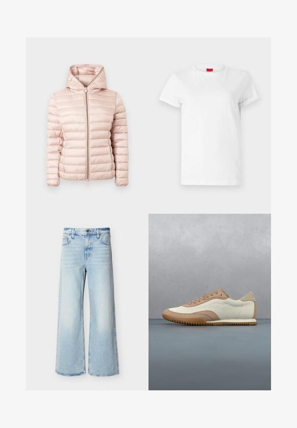 Chaqueta acolchada en rosa suave con capucha, cierre de cremallera y textura acanalada con detalles de costuras horizontales en toda la tela.; Camiseta blanca de manga corta hecha de algodón ligero. Presenta un escote redondo y mangas enrolladas. Etiqueta de logo roja en el cuello.; Jeans azul claro de talle alto con pierna ancha, bolsillos frontales, trabillas para cinturón y cierre de botón.; Zapatilla en crema y beige con parte superior texturizada, cordones y suela de goma, exhibida sobre una superficie de madera con piedras.