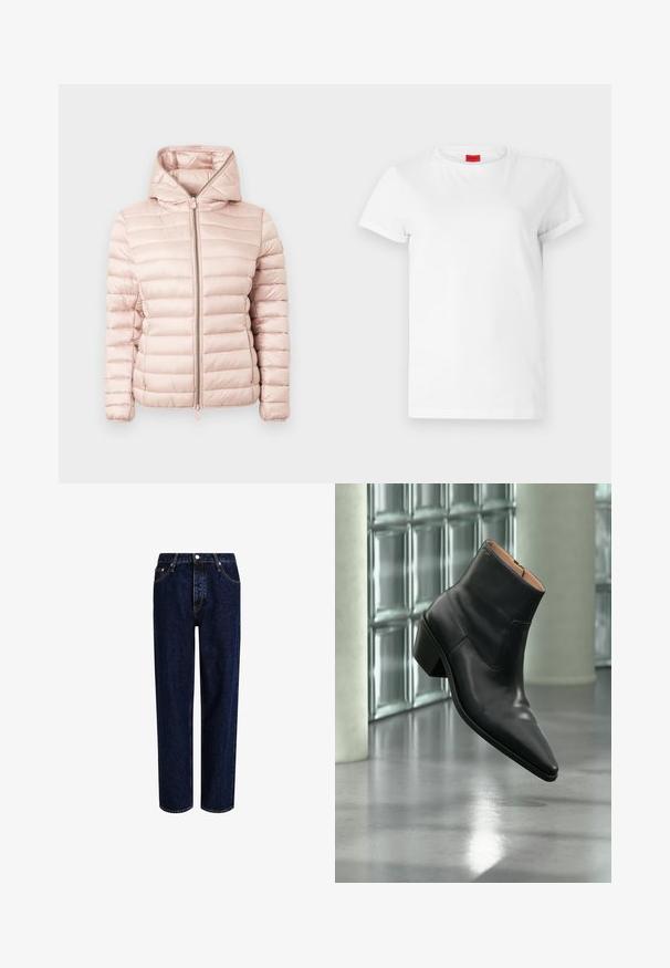 Chaqueta acolchada en rosa suave con capucha, cierre de cremallera y textura acanalada con detalles de costuras horizontales en toda la tela.; Camiseta blanca de manga corta hecha de algodón ligero. Presenta un escote redondo y mangas enrolladas. Etiqueta de logo roja en el cuello.; Jeans de mezclilla azul oscuro con un diseño de pierna recta, que presentan una cintura alta, estilo de cinco bolsillos y costuras en contraste. Sin adornos.; Botín de piel negra con puntera puntiaguda y tacón cuadrado que levita sobre un suelo gris reflectante cerca de una pared de bloques de cristal.