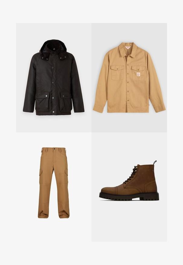 Barbour MODERN BEAUFORT JACKET - Ελαφρύ μπουφάν - dark brown/midnight oak; Κοντομάνικο μπεζ πουκάμισο με μακριά μανίκια, δύο τσέπες στο στήθος και μια μικρή ετικέτα. Φτιαγμένο από βαμβάκι με λεία υφή και κλασικό σχέδιο γιακά.; Καφέ cargo παντελόνια φτιαγμένα από ανθεκτικό ύφασμα, με πολλές τσέπες, χαλαρή εφαρμογή και ενισχυμένες ραφές.; Καφέ δερμάτινο μποτάκι με κορδόνια, ankle boot, με χοντρή μαύρη σόλα και λουράκι απόσυρσης σε άσπρο φόντο.