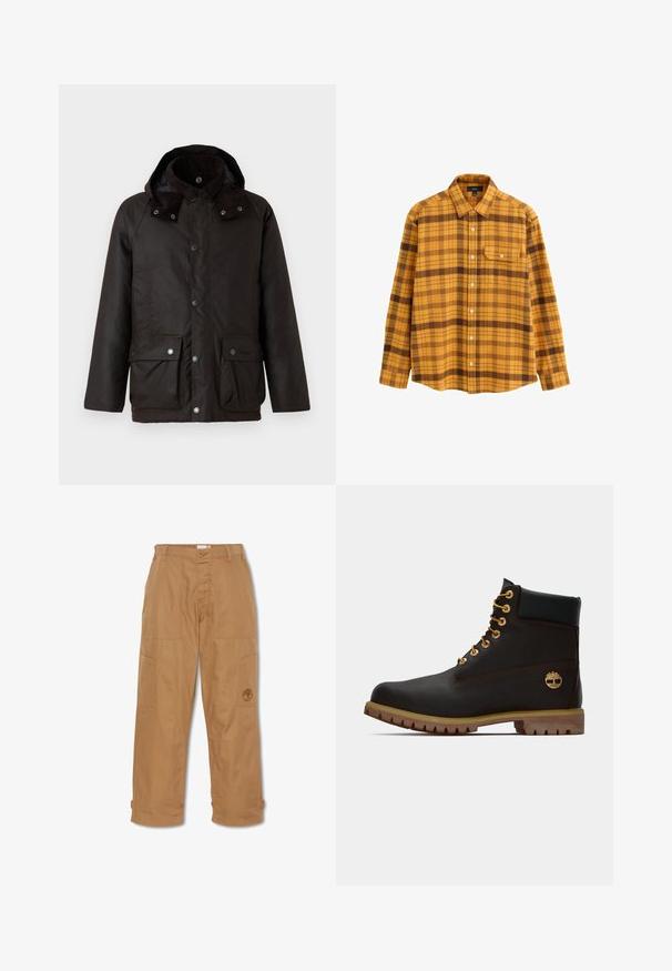 Barbour MODERN BEAUFORT JACKET - Winterjas - dark brown/midnight oak; Langarm overhemden in mosterdgeel en bruine ruit met een puntige kraag en een borstzak op een witte achtergrond.; Khaki werkbroek, gemaakt van duurzaam materiaal, heeft meerdere zakken, een knoopsluiting en een geborduurd logo op de dij.; Zwarte leren enkellaars met gouden oogjes, bruine accenten en een rubberen zool. Heeft een gevoerde kraag en geperst logo aan de zijkant.