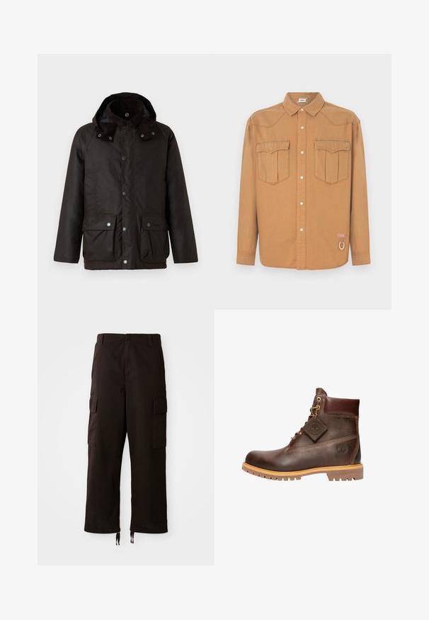 Barbour MODERN BEAUFORT JACKET - Kerge jope - dark brown/midnight oak; Pruun teksasärk kahe rinnatasku, terava krae, nööpidega esikülg ja kontrastse õmblusega. Omab logomärki ja aasdetaili.; Mustardokad mustad vabaaja püksid, millel on lõdvestunud lõige, kaks küljetaskut, nööbiga sulgemine ja reguleeritavad paelad allääres.; pruun nahkne pahklöögi saabas ümarate varvastega, tugev tald, kuldse tooni detaljid ja tekstureeritud pealispind. Kaasas brändi silt.
