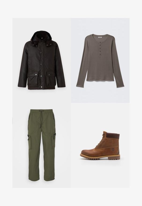 Barbour MODERN BEAUFORT JACKET - Kerge jope - dark brown/midnight oak; Pikkade varrukatega hall henley särk viie nupu ja ümmarguse kaelusega, eksponeeritud valgel taustal.; Oliivrohelised cargo püksid, mis on valmistatud kergest kangast, elastse vöökoha, stringikinnise ja mitmete lukuga taskutega.; Pruun nahast matkasaapad, millel on siledat viimistlus, pehmendatud pahkluu, metallist silmad ja kummist põhi koos robustse mustriga.