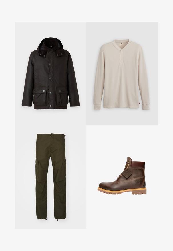 Barbour MODERN BEAUFORT JACKET - Jas - dark brown/midnight oak; Lange mouwen henley-shirt in lichtbeige ribbelstof, met een V-hals, een drieknoopsluiting en manchetten. Rode logo-label aan de onderkant.; Olijfgroene cargobroek van duurzaam materiaal, met een knoopsluiting, meerdere zijzakken en elastische boorden bij de enkels.; Bruine leren enkelboot met een ronde neus, stevige zool, hardware in goudkleur en een gestructureerde bovenkant. Inclusief een merklabel dat is bevestigd.