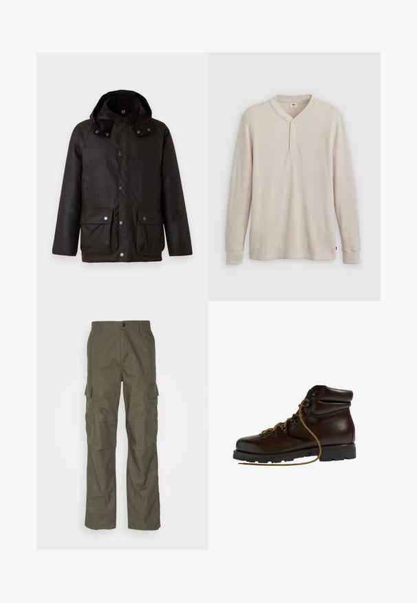 Barbour MODERN BEAUFORT JACKET - Winterjacke - dark brown/midnight oak; Langärmliges Henley-Shirt aus leicht beigem Rippstoff mit V-Ausschnitt, Knopfleiste mit drei Knöpfen und angeschnittenen Ärmeln. Roter Logo-Tag am Saum.; Olivefarbene Cargo-Hose mit geradem Schnitt, aus strukturiertem Stoff. Verfügt über große Seitentaschen und einen Knopfverschluss.; Brauner Leder-Wanderschuh mit abgerundetem Zeh, strukturierten Oberflächen, gelben Schnürsenkeln und Metallösen. Enthält eine robuste schwarze Gummisohle.