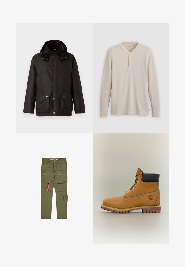 Barbour MODERN BEAUFORT JACKET - Kerge jope - dark brown/midnight oak; Pikad varrukad henley särk heledast beežist ribakudumist, millel on V-kaelus, kolme nupuga sulgemine ja kollased varrukad. Punane logo sildike ääres.; Olive roheline taktikaline cargo püksid, mis on varustatud mitme taskuga, vastupidavast kangast ja punase sildiga. Sirge lõikega disain koos tugeva vööga.; Pruun nahast pahkluu saabas musta kraega, kollaste paelte ja beežide tallaga. Omab logo ja valge õmbluse detaile. Tugeva haardega välistald.