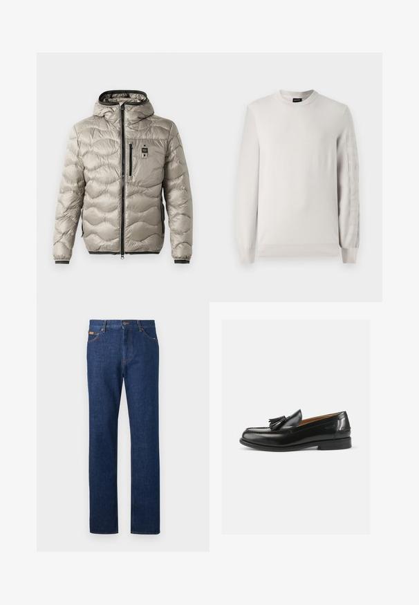 Chaqueta acolchada de color gris claro con un diseño acolchado, cierre frontal con cremallera, capucha fija, bolsillos laterales y puños elásticos. Presenta un pequeño parche con el logotipo en el pecho.; Suéter de punto gris claro con cuello redondo y mangas largas. Presenta un texto de logo elevado a lo largo de la manga izquierda. Textura suave, puños acanalados.; Jeans de mezclilla azul oscuro con un diseño de pierna recta, con costuras naranjas, estilo de cinco bolsillos y cintura con trabillas para cinturón.; Mocasines de cuero negro con un acento de borlas, punta redondeada y un acabado suave. La suela es plana con un patrón de relieve mínimo.