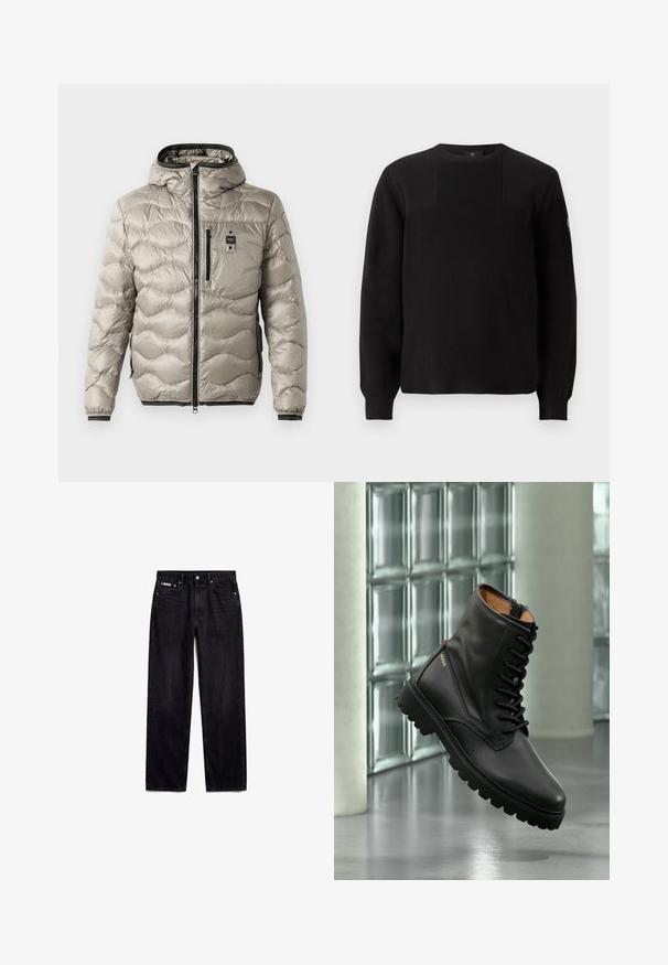 Chaqueta acolchada de color gris claro con un diseño acolchado, cierre frontal con cremallera, capucha fija, bolsillos laterales y puños elásticos. Presenta un pequeño parche con el logotipo en el pecho.; Suéter negro de punto con textura acanalada, cuello redondo y mangas largas. Presenta un diseño de panel sutil y un pequeño logo en la manga.; Vaqueros negros de pierna recta con cinco bolsillos, botón metálico y etiqueta Calvin Klein en el pequeño bolsillo delantero.; Bota de combate de cuero negro con cordones y suela gruesa, logotipo dorado "HUGO" en el lateral, mostrada en un ambiente interior moderno con pared de bloques de vidrio de fondo.