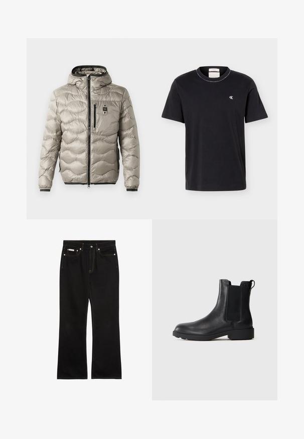 Chaqueta acolchada de color gris claro con un diseño acolchado, cierre frontal con cremallera, capucha fija, bolsillos laterales y puños elásticos. Presenta un pequeño parche con el logotipo en el pecho.; Camiseta negra de manga corta con cuello redondo y pequeño logo blanco "cK" en el lado izquierdo del pecho, corte clásico, diseño sencillo.; Vaqueros negros de pierna recta con costuras naranjas, cinco bolsillos, cierre de botón y una pequeña etiqueta Calvin Klein en el bolsillo delantero derecho.; Botín negro de cuero hasta el tobillo con paneles laterales elásticos, tirador en el talón y suela baja de bloque sobre un fondo liso.