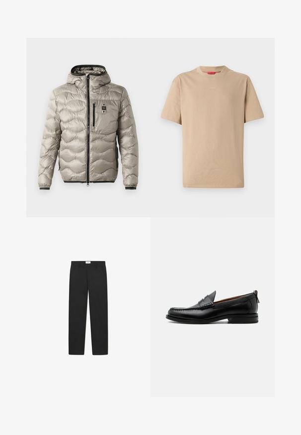 Veste matelassée gris clair avec un design rembourré, fermeture éclair à l'avant, capuche intégrée, poches latérales et poignets élastiques. Caractérisée par un petit écusson logo sur la poitrine.; T-shirt en coton beige à manches courtes, col rond, avec un logo "HUGO" discret au centre. Texture lisse, coupe décontractée.; Pantalons noirs avec une coupe droite, fabriqués dans un tissu à texture lisse, dotés de deux poches avant et d'une taille standard.; Mocassin homme en cuir noir avec couture moc toe, bride penny, col texturé et petit talon empilé sur fond blanc.