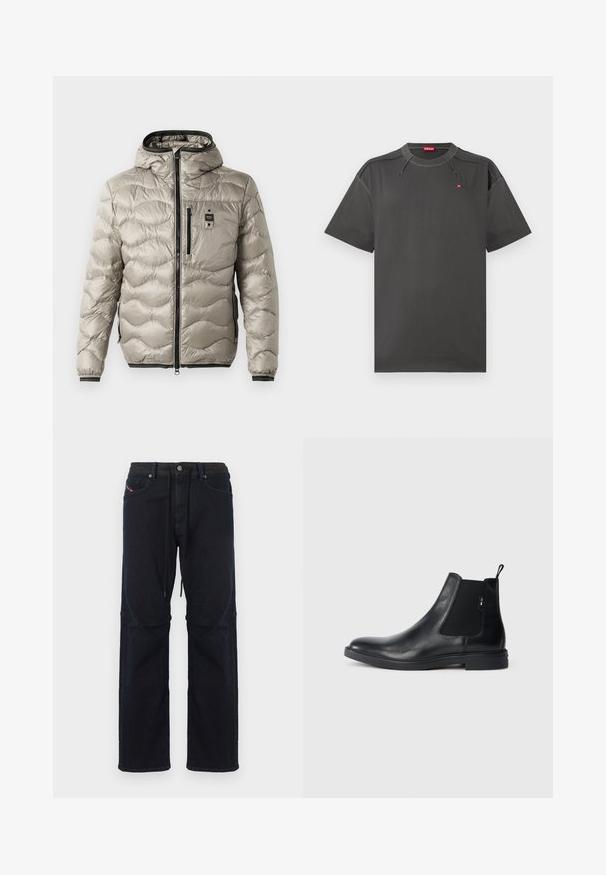 Chaqueta acolchada de color gris claro con un diseño acolchado, cierre frontal con cremallera, capucha fija, bolsillos laterales y puños elásticos. Presenta un pequeño parche con el logotipo en el pecho.; Camiseta de Diesel de manga corta en gris oscuro con costuras en contraste y pequeño logo rojo en el pecho y el interior del cuello.; Pantalones de mezclilla azul marino oscuro con un ajuste holgado, que cuentan con cintura con cordón, cinco bolsillos y costuras contrastantes sutiles.; Botines Chelsea de cuero negro con paneles elásticos laterales, una pestaña para tirar y una suela de goma plana. Textura suave con un detalle mínimo.