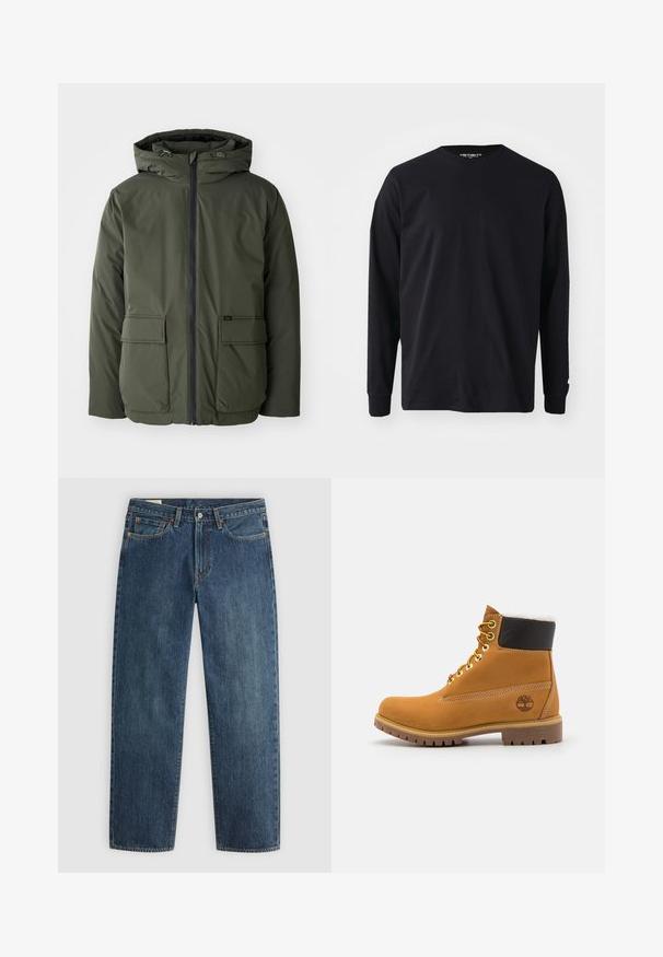 Olijfgroene geïsoleerde jack met een capuchon, voorrits en twee grote opgestikte zakken. Gemaakt van glad, waterafstotend materiaal.; Zwart langarm t-shirt van katoen, met een ronde halslijn en rechte snit, voorzien van een klein logo detail op de mouw.; Donkerblauwe spijkerbroek met een rechte pasvorm, vijf zakken, zichtbare stiksels en een metalen knoopsluiting in de taille. Middelgewicht stof.; Bruine leren enkellaars met metalen oogjes, witte faux bont voering, zwarte gewatteerde kraag, robuuste zool en een reliëflogo aan de zijkant.