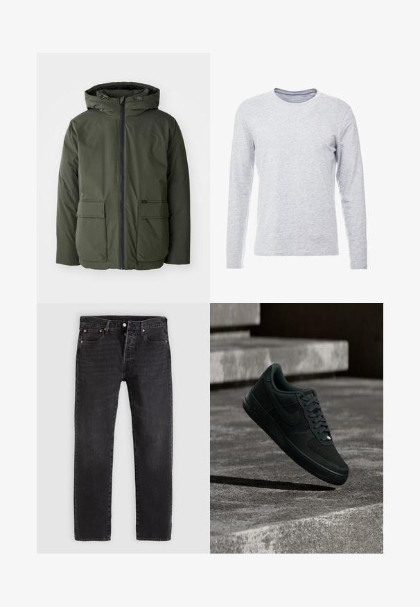 Chaqueta aislante de color verde oliva con capucha, cierre frontal y dos grandes bolsillos tipo parche. Fabricada en un material suave y resistente al agua.; Camiseta gris de manga larga en una tela suave y ligera, con un clásico escote redondo y un diseño sencillo y sin adornos.; Pantalones vaqueros de mezclilla negra con corte recto, que cuentan con dos bolsillos frontales, un bolsillo para monedas y remaches metálicos. Diseño clásico de cinco bolsillos.; Zapatilla Nike Air Force 1 negra con detalles de malla y cuero, suspendida sobre unos escalones de concreto texturizado con poca iluminación.