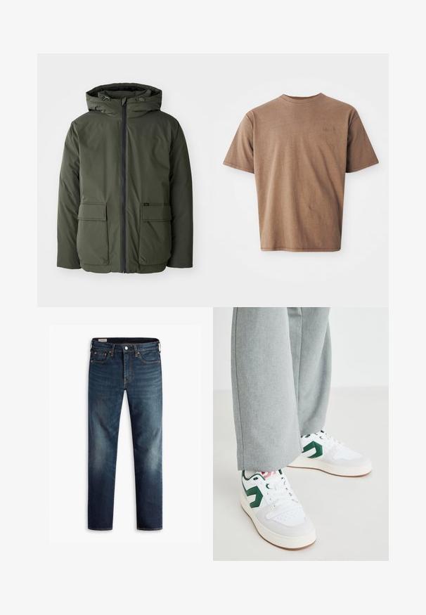 Olijfgroene geïsoleerde jack met een capuchon, voorrits en twee grote opgestikte zakken. Gemaakt van glad, waterafstotend materiaal.; Bruine katoenen t-shirt met ronde hals, korte mouwen en een discreet geborduurd logo op de linkerborst. Soepele structuur, relaxte pasvorm.; Donkerblauwe denim jeans met een rechte pasvorm, vijf zakken en koperen hardware-accenten. Vervaagde gebieden op de broekspijpen zorgen voor een contrast in textuur.; Witte en groene sneakers van glad leer en suedemateriaal, met een opvallende groene logo-accent en witte veters. Grijze broeken gedeeltelijk zichtbaar.