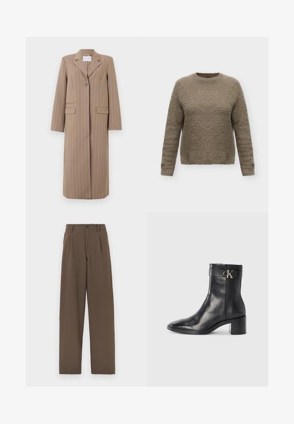 Blazer long rayé brun avec un revers cranté, fermeture à un bouton, et deux poches avant. Tissu lisse et coupe ajustée.; Pull à manches longues à col rond en tissu taupe texturé avec une coupe légèrement ample, présenté sur un fond blanc uni.; Pantalon marron à jambes larges en tissu lisse, avec deux plis, une fermeture à un bouton et des poches standards.; Botte de cheville en cuir noir avec un bout pointu, un talon carré et une sangle avec un détail de logo métallique. Texture lisse et design minimaliste.