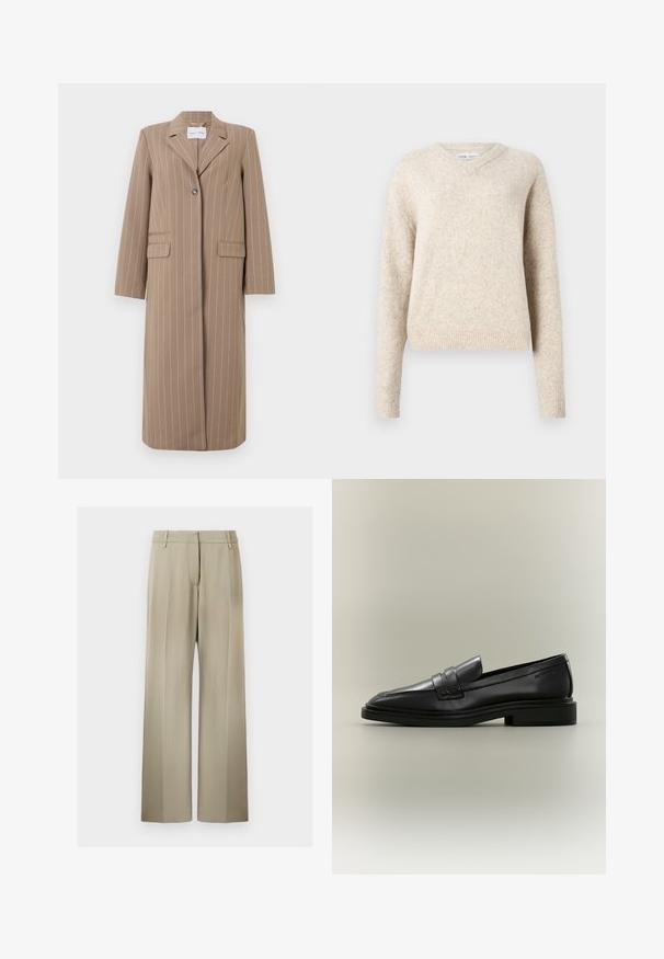 Blazer long rayé brun avec un revers cranté, fermeture à un bouton, et deux poches avant. Tissu lisse et coupe ajustée.; Pull en laine beige clair à manches longues, avec un décolleté en V et des poignets et un ourlet côtelés, présenté sur un fond blanc uni.; Pantalons à jambes larges en tissu beige doux, avec un devant plat, des passants de ceinture et une texture lisse. Taille standard sans motifs visibles.; Mocassin penny en cuir noir avec petit talon, bout arrondi et détails cousus sur fond neutre.