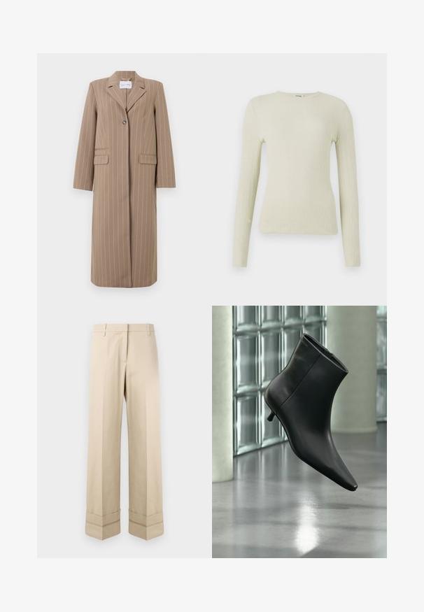 Blazer long rayé brun avec un revers cranté, fermeture à un bouton, et deux poches avant. Tissu lisse et coupe ajustée.; Haut ajusté à manches longues en tissu texturé vert clair avec un col rond. Surface lisse avec un léger relief, sans quincaillerie ni accents visibles.; Pantalons beige avec une coupe droite, dotés d'un double revers au bas et d'un design à plat à l'avant. Fabriqués en tissu lisse et durable.; Bottine en cuir noir à bout pointu et petit talon kitten, présentée en angle devant un sol poli et un mur en blocs de verre.