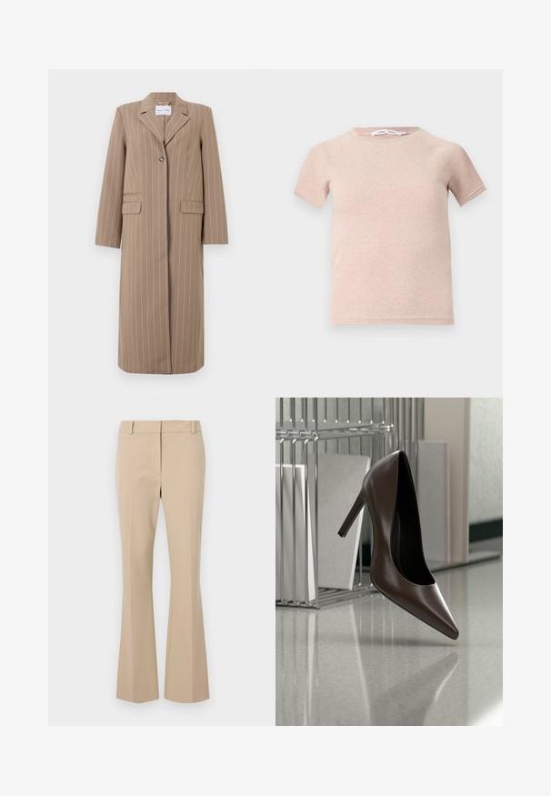 Blazer long rayé brun avec un revers cranté, fermeture à un bouton, et deux poches avant. Tissu lisse et coupe ajustée.; T-shirt à manches courtes rose clair en tissu côtelé, avec un col rond et une coupe décontractée. Design simple et sans couture.; Pantalons beiges ajustés avec une coupe droite, présentant un devant plat, des passants de ceinture et une texture lisse. Pas de poches ni de motifs visibles.; Chaussure en cuir marron foncé à talon haut flottant au-dessus d'un sol réfléchissant près d'une étagère métallique avec des panneaux blancs dans une pièce.