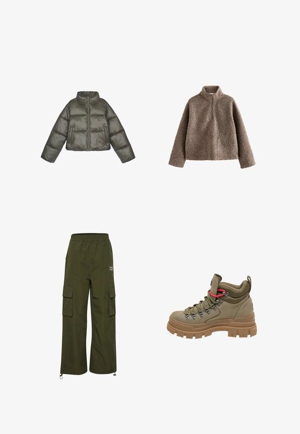 Olivengrøn pufferjakke med høj krave, lynlås lukning og oversized pasform. Har sømmede paneler og to forlommer.; Brun fleece-pullover med høj krave og halvlukket design. Har en struktureret overflade og en løs pasform.; TheJoggConcept JCFIA - Cargobukser - rifle green; Vandre støvle med højt skaft i olivengrøn med tyk brun gummisål, mesh-polstret krave, metaløjer og rød accent snøreløkke.