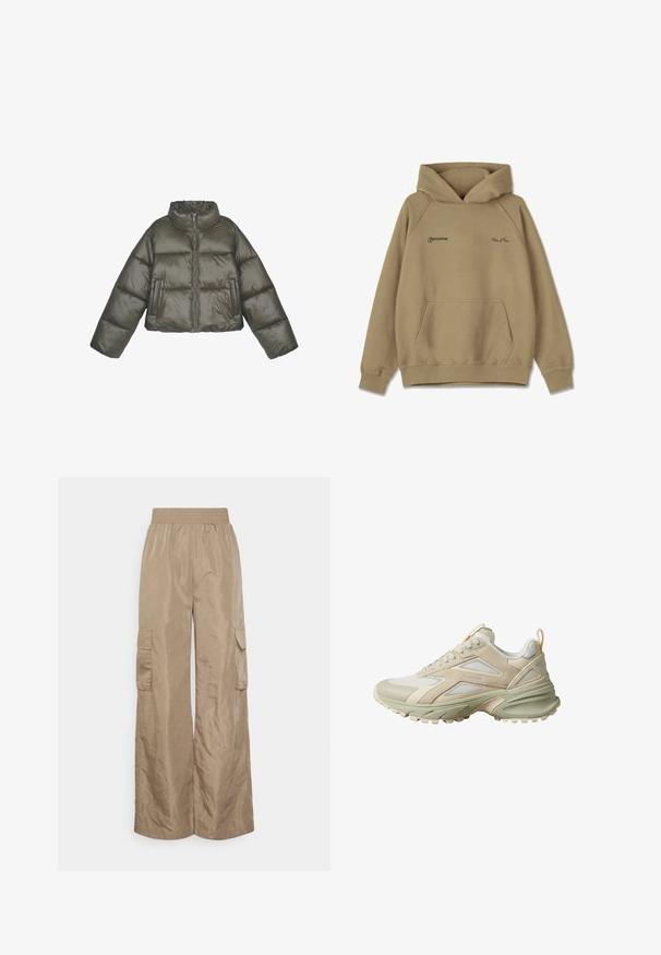Chaqueta acolchada verde oliva con un cuello alto, cierre de cremallera y un corte holgado. Presenta paneles cosidos y dos bolsillos frontales.; Sudadera con capucha beige de material polar, con un bolsillo frontal, puños de canalé y logotipos bordados en el pecho.; Even&Odd Tall by Zalando Pantalones cargo - beige; Zapatilla deportiva beige claro y crema con paneles de malla y ante, suela gruesa y lengüeta en el talón.