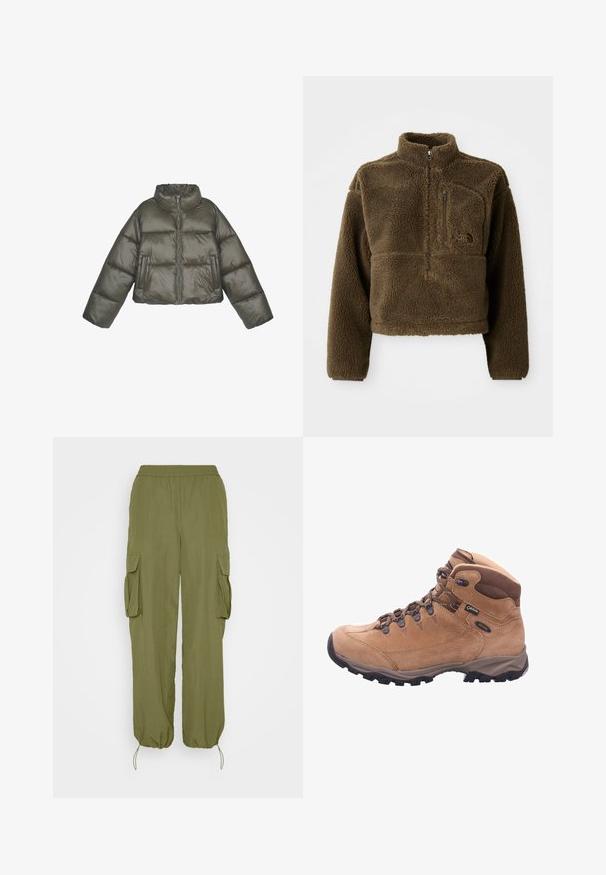 Chaqueta acolchada verde oliva con un cuello alto, cierre de cremallera y un corte holgado. Presenta paneles cosidos y dos bolsillos frontales.; Chaqueta de forro polar marrón con cuello alto, cierre de media cremallera en la parte delantera y un bolsillo en el pecho; cuenta con una tela texturizada y un logotipo en el frente.; Pantalones cargo verde oliva con cintura elástica, dos bolsillos laterales cargo y puños ajustables con cordón. Hechos de una tela ligera y texturizada.; Bota de senderismo marrón hecha de ante y material sintético, con un tobillo alto, cordones en la parte delantera y suela de goma con tacos profundos para mayor tracción.