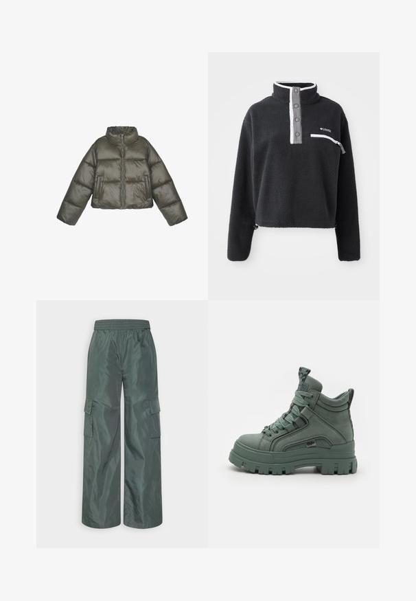 Chaqueta acolchada verde oliva con un cuello alto, cierre de cremallera y un corte holgado. Presenta paneles cosidos y dos bolsillos frontales.; Sudadera de forro polar negra con cuello de media cremallera, que presenta un bolsillo en el pecho y acentos en blanco y gris contrastantes. Textura suave, diseño recortado.; Even&Odd by Zalando Pantalones cargo - dark green; Zapatillas altas verdes hechas de material texturizado, con una gruesa suela de plataforma, cordones redondos y un lazo trasero para facilitar su uso.