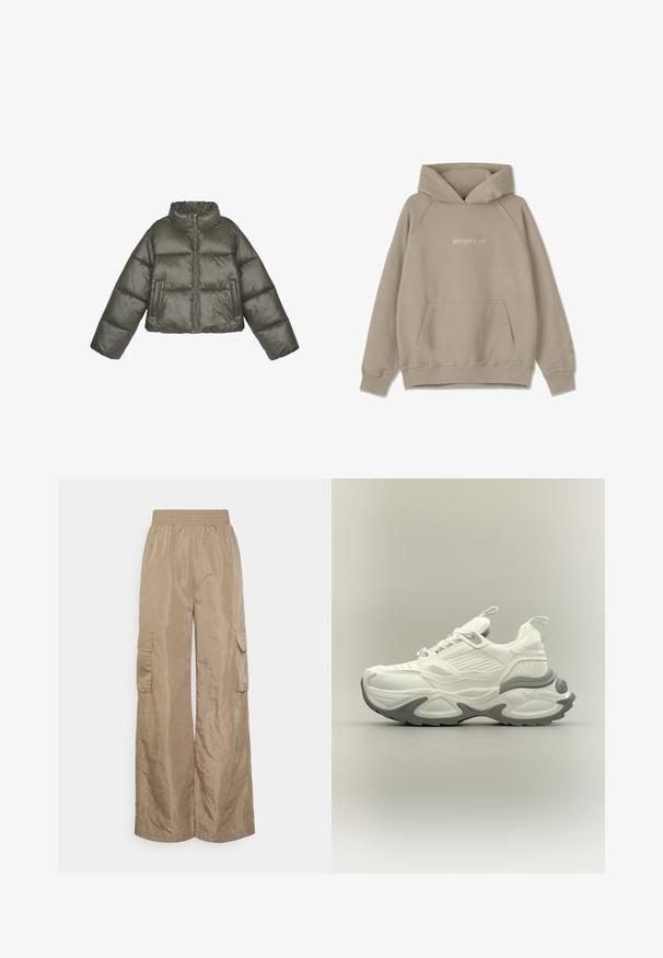 Olivengrøn pufferjakke med høj krave, lynlås lukning og oversized pasform. Har sømmede paneler og to forlommer.; Beige hoodie med kængurulomme, snøre i hætten og ribbede manchetter. Har subtil logo broderi på fronten og ærmet.; Even&Odd Tall Cargobukser - beige; Hvid og grå chunky sneaker med tekstureret sål, trækflapper på tunge og hæl samt detaljeret paneldesign på overdelen.