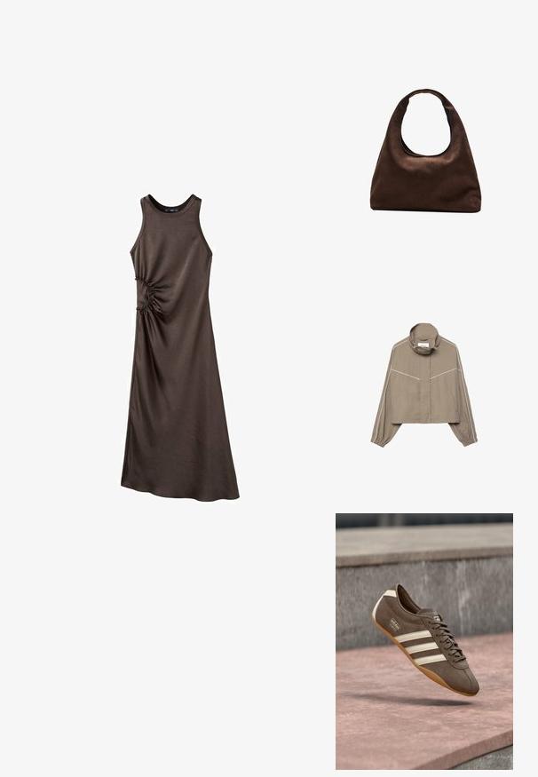 Veste courte marron clair avec col montant, poignets élastiques, deux poches avant et détails en passepoil blanc sur les manches et la poitrine.; Robe marron sans manches en tissu lisse avec un détail froncé sur le côté, présentant une silhouette longue et droite ainsi qu'un col rond.; Baskets en daim marron avec des rayures blanches et un logo, dotées d'un bout rond et d'une semelle en caoutchouc gomme, suspendues au-dessus d'une surface texturée.; Sac à main en toile marron doux de style hobo avec une large sangle unique et une ouverture en haut arrondie, présenté sur un fond blanc.