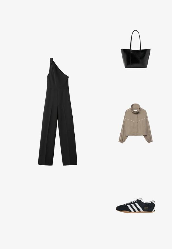 Veste courte marron clair avec col montant, poignets élastiques, deux poches avant et détails en passepoil blanc sur les manches et la poitrine.; Combinaison noire asymétrique sans manches avec pantalon à jambes larges et détail noué sur l'épaule.; Sneakers en suede noir avec trois bandes blanches, logo doré et semelle en caoutchouc marron. Présente un design à lacets à profil bas.; Grand sac fourre-tout noir avec de longues poignées et une texture en cuir lisse légèrement brillante, centré sur un fond blanc.