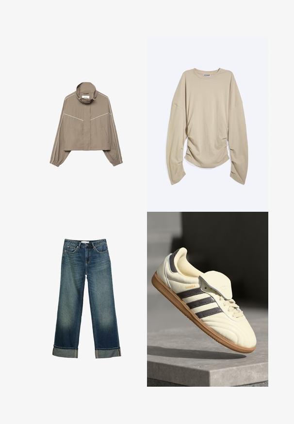 Veste courte marron clair avec col montant, poignets élastiques, deux poches avant et détails en passepoil blanc sur les manches et la poitrine.; T-shirt beige à manches longues, col rond, avec des manches amples et des côtés froncés, posé à plat sur fond blanc.; Jean en denim bleu foncé avec jambes larges, revers roulés, bouton à l'avant et design cinq poches.; Baskets en cuir crème avec trois bandes sombres, une semelle extérieure en gomme marron et un bout arrondi. Présentent une languette pliable étiquetée "SAMBA."