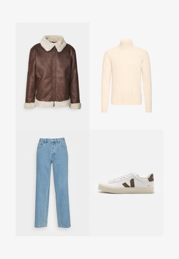 Braune Lederjacke mit einem weißen Kunstpelzkragen und -manschetten. Verfügt über einen Frontreißverschluss und eine Seitentasche, die eine strukturierte Oberfläche zeigt.; Cremefarbener, langärmeliger Rollkragenpullover mit geripptem Kragen, Bündchen und Saum, dargestellt vor weißem Hintergrund.; Helle blaue gerade geschnittene Jeans aus Denim mit einem klassischen Fünf-Taschen-Design, einem vorderen Knopfverschluss und sichtbaren Nähdetails.; Weiße Leder-Sneaker mit einer hellbeigen Gummisohle. Mit braunem Wildleder-V-Logo und Fersenlasche. Schnürverschluss mit texturierter Oberfläche.