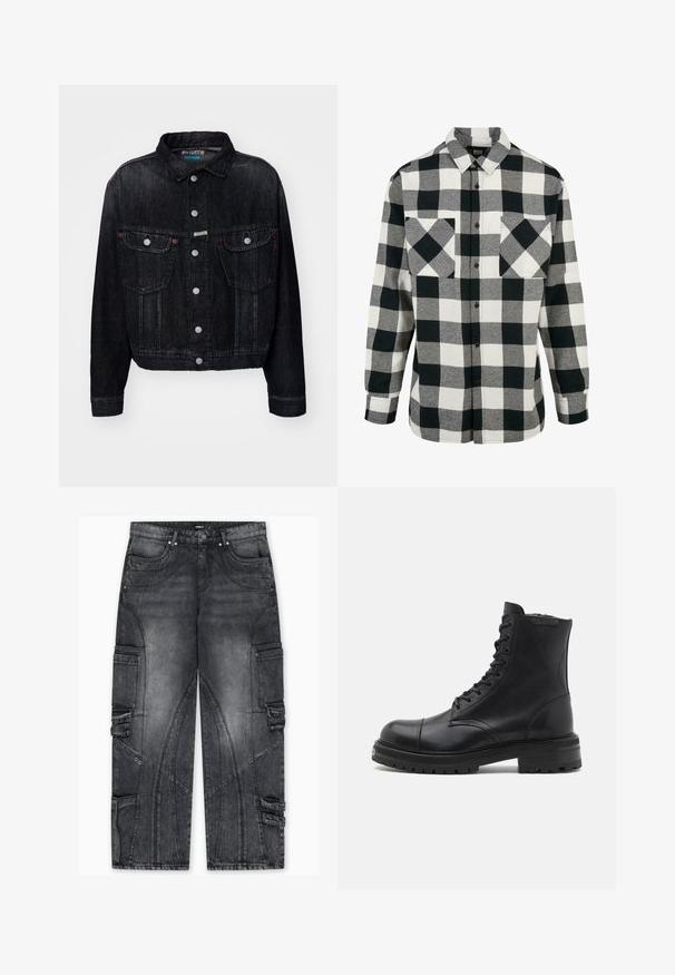 Sort denimjakke med krave, frontknaplukning, to brystlommer og røde detaljer. Designet er kropssnit med en klassisk pasform.; Sort og hvid flannel skjorte med et stort ternet mønster, lange ærmer, knaplukning foran og to brystlomme. Lavet af blødt stof.; Cargo-jeans i falmet mørkegrå denim med sidelommer, unikke syningsmønstre, tilspidsede ben og accenter i metal.; AllSaints HANK - Snørestøvletter - black