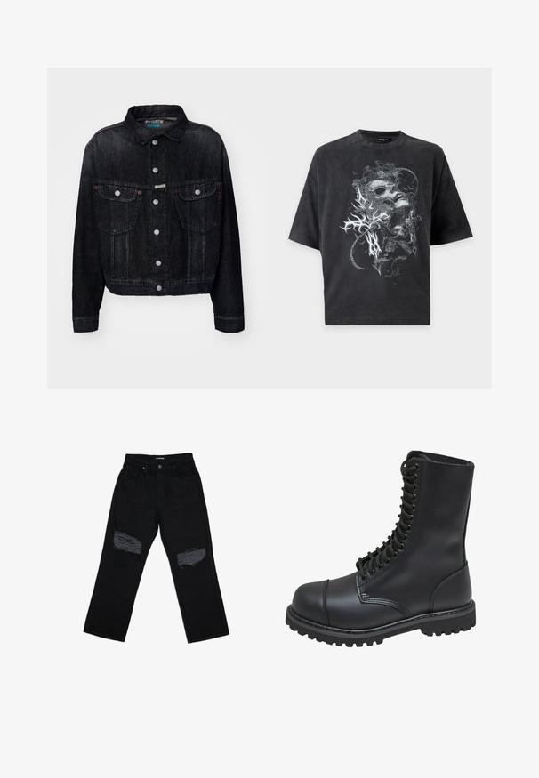 Sort denimjakke med krave, frontknaplukning, to brystlommer og røde detaljer. Designet er kropssnit med en klassisk pasform.; Sort oversized t-shirt med korte ærmer med en grå abstrakt grafik af et forvrænget ansigt og organiske former på fronten.; Sorte denim jeans med afslappet pasform, med slidte huller på fronten ved knæområdet og en standard talje med knaplukning.; Sort læder kampstøvle med høj skaft, snørebånd foran, polstret krave og en robust tekstureret sål for godt greb. Har forstærket tåhætte.