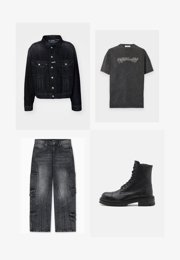 Sort denimjakke med krave, frontknaplukning, to brystlommer og røde detaljer. Designet er kropssnit med en klassisk pasform.; Mørkegrå T-shirt med korte ærmer, forvrænget hvid "REPLAY"-logo centreret på brystet og rund halsudskæring.; Cargo-jeans i falmet mørkegrå denim med sidelommer, unikke syningsmønstre, tilspidsede ben og accenter i metal.; AllSaints HANK - Snørestøvletter - black