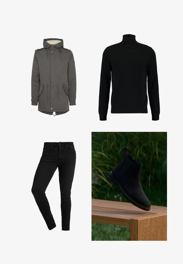 Grå hætteparkas med kunstpels-for, snøre i taljen, lappelommer og trykknaplukning. Har justerbar hætte og skulderdetaljer.; Sort turtleneck sweater lavet af et blødt strikmateriale. Har lange ærmer, ribbet krave og kant. Enkel, slank design uden mønstre.; Sorte skinny jeans lavet af denim, med et klassisk femlomme design, knaplukning og minimale syninger.; Sort Chelsea-støvle lavet af glat læder, med en trækflig, rund tå, elastiske sidepaneler og en lav hæl. Viset på en træoverflade.
