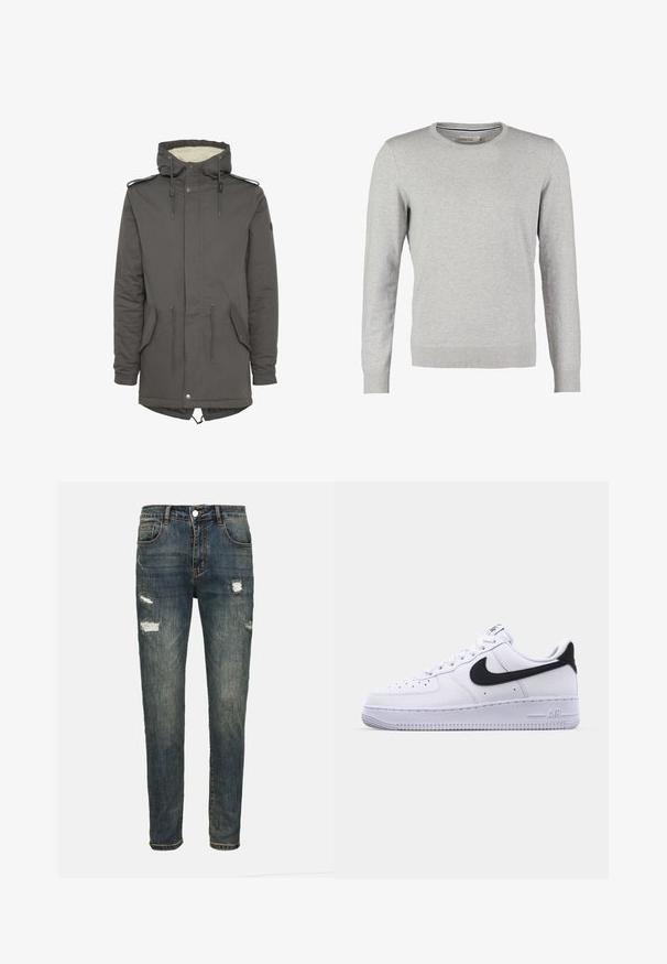 Grå hætteparkas med kunstpels-for, snøre i taljen, lappelommer og trykknaplukning. Har justerbar hætte og skulderdetaljer.; Grå sweater med lange ærmer, rund halsudskæring, ribbede manchetter og kant. Fremstillet af et glat strikmateriale med en ensartet tekstur. Ingen mønstre eller accenter.; Mørkeblå denim jeans med slim fit, der har slidte detaljer og huller. Fem lommer og en klassisk lynlås.; Hvide lædersneakers med en struktureret sort Swoosh, flade snørebånd og en gummisål med et rillemønster. "AIR" er præget på hælen.