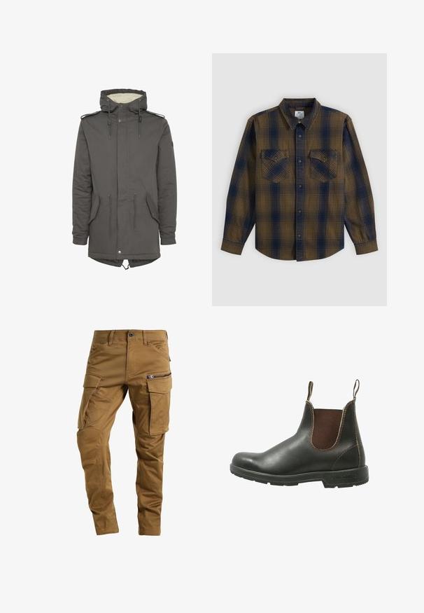 Parka grise avec capuche, doublure en fausse fourrure, taille à cordon, poches plaquées et fermeture à pression. Équipée d'une capuche réglable et d'accents aux épaules.; Chemise boutonnée à manches longues avec motif à carreaux marron et bleu marine et deux poches poitrine boutonnées, posée à plat sur fond blanc.; Pantalons cargo marron en tissu durable, dotés de plusieurs poches, d'une poche latérale zippée, et d'une coupe ajustée avec des coutures renforcées.; Bottines Chelsea en cuir noir lisse avec des panneaux élastiques marron sur les côtés, des coutures contrastantes et une semelle en caoutchouc texturée.