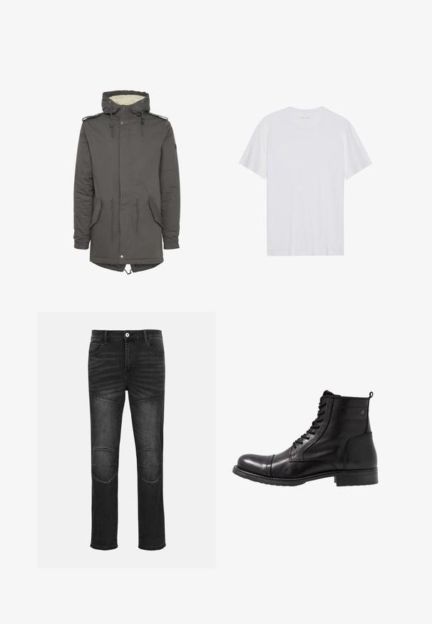 Parka grise avec capuche, doublure en fausse fourrure, taille à cordon, poches plaquées et fermeture à pression. Équipée d'une capuche réglable et d'accents aux épaules.; T-shirt en coton blanc à manches courtes, col rond et texture lisse. Présente un branding minimal au niveau du col.; Jean en denim noir coupe slim, avec des patchs aux genoux, des surpiqûres contrastées et une fermeture classique à boutons à la taille.; Bottines noires en cuir avec un bout arrondi, un laçage à l'avant, des accents texturés et un petit talon épais.