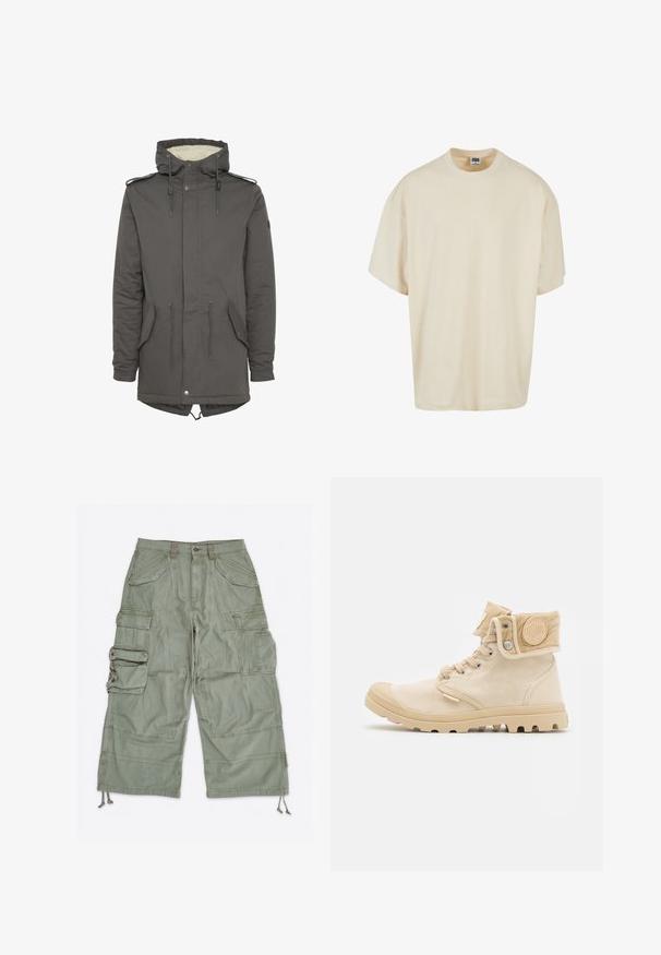 Grå hætteparkas med kunstpels-for, snøre i taljen, lappelommer og trykknaplukning. Har justerbar hætte og skulderdetaljer.; Cremefarvet t-shirt med korte ærmer, afslappet pasform og rund halsudskæring; lavet af blødt bomuld med subtile syningsdetaljer.; Lysegrønne cargoshorts med flere klaplommer, bæltestropper, knaplukning og justerbare snore ved benåbningerne.; Beige canvas ankelstøvler med en tekstureret overdel, gummitåhætte og en foldbar kant med et cirkulært logo-patch.