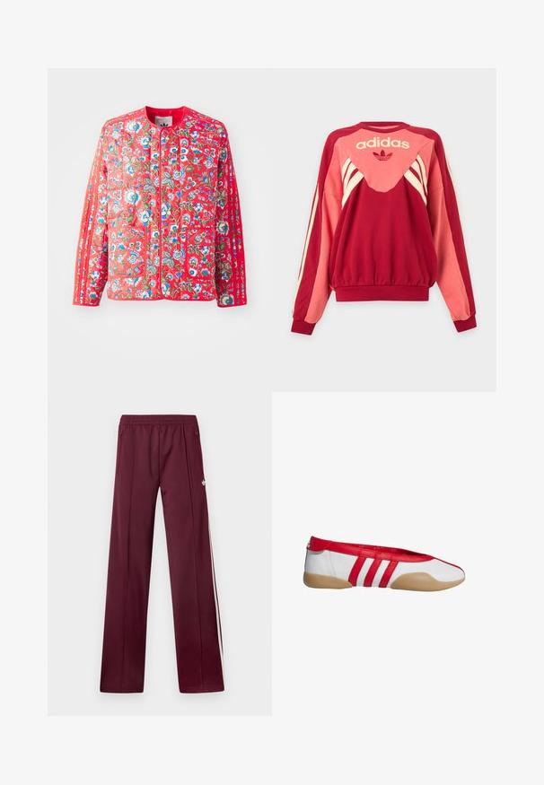 Rode gewatteerde jas met een bloemmotief in blauw, groen en wit, met een ronde halslijn, twee voorzakken en contrasterende afwerkingen.; Rode en roze Adidas trui met lange mouwen, crèmekleurige strepen, logo en klaverblad symbool aan de voorkant tegen een lichte achtergrond.; Wijnrode trainingsbroek met elastische tailleband, zijzakken met rits, witte zijstrepen en een klein wit Adidas-logo op de rechterdij.; Rode en witte platte schoen met een afgeronde neus, gemaakt van glad synthetisch materiaal. Heeft drie rode strepen en een beige rubberen zool.