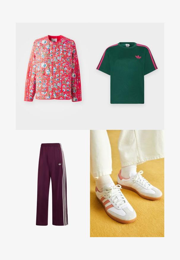 Chaqueta de acolchado roja con un patrón floral en azul, verde y blanco, con un cuello redondo, dos bolsillos frontales y ribetes en contraste.; Camiseta verde de manga corta con franjas rosas brillantes en los hombros y el logotipo de trébol de Adidas en el pecho.; Pantalones deportivos Adidas burdeos con cintura elástica, tres franjas blancas laterales, bolsillo con cremallera y logotipo bordado en el muslo izquierdo.; Zapatillas deportivas blancas con acentos en rosa, materiales de ante y cuero, punta redonda y suela de goma, mostradas con calcetines de color claro sobre un fondo amarillo.