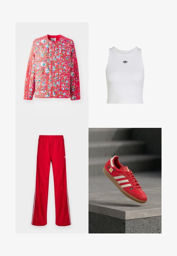 Rode gewatteerde jas met een bloemmotief in blauw, groen en wit, met een ronde halslijn, twee voorzakken en contrasterende afwerkingen.; Witte mouwloze crop top met ronde hals en klein zwart Adidas trefoil-logo, gecentreerd onder de kraag.; Rode sportieve broek met een losse pasvorm, elastische tailleband, twee zijzakken en witte zijstrepen. Gemaakt van glad, synthetisch materiaal.; Rode sportschoen met witte strepen, bloemrijke borduurwerk en een rubberen zool. Glad stof met suède accenten. Model: Samba.