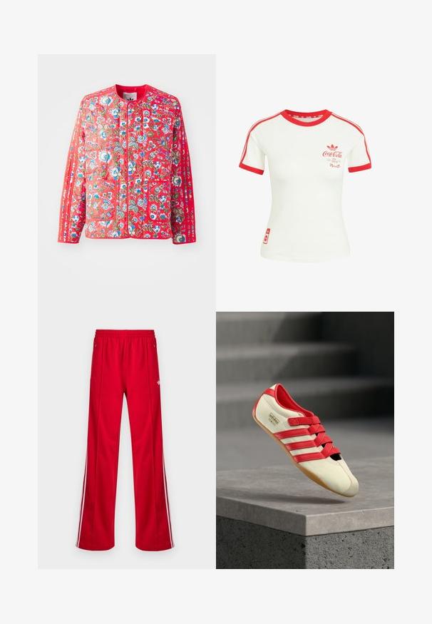 Chaqueta de acolchado roja con un patrón floral en azul, verde y blanco, con un cuello redondo, dos bolsillos frontales y ribetes en contraste.; Camiseta blanca de manga corta con cuello rojo, ribete en las mangas, rayas y logo de Coca-Cola en el pecho y la parte inferior.; Pantalones deportivos rojos con un corte holgado, cintura elástica, dos bolsillos laterales y franjas blancas a los lados. Fabricados con un material sintético y suave.; Zapatilla deportiva roja y crema con tres rayas rojas, parte superior suave, suela de goma y tiras de velcro. Presenta un diseño elegante y de perfil bajo.