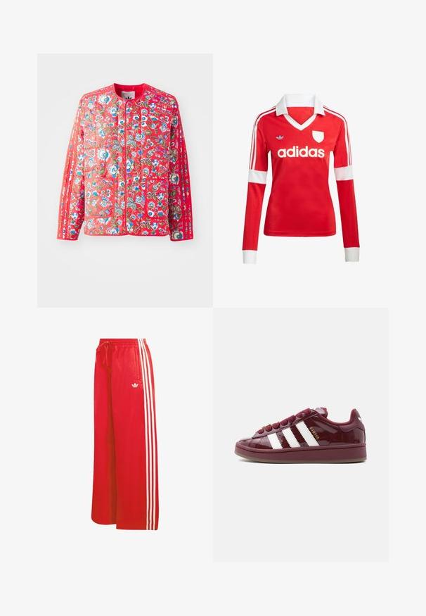 Rote, gesteppte Jacke mit floralem Muster in Blau, Grün und Weiß, mit rundem Ausschnitt, zwei Fronttaschen und kontrastierenden Besätzen.; Rotes Fußballtrikot mit langen Ärmeln, weißem Kragen und weißen Ärmelbündchen. Es hat drei weiße Streifen auf den Schultern und das "adidas"-Logo ist auffällig platziert.; Rote Sporthose aus leichtem Material, mit weitem Bein, elastischem Bund, Kordelzug und drei weißen Streifen auf jeder Seite.; Bordeauxroter Adidas Campus Sneaker mit weißen Streifen, goldfarbenem "Campus"-Schriftzug und strukturierter Gummisohle, seitlich auf weißem Hintergrund dargestellt.