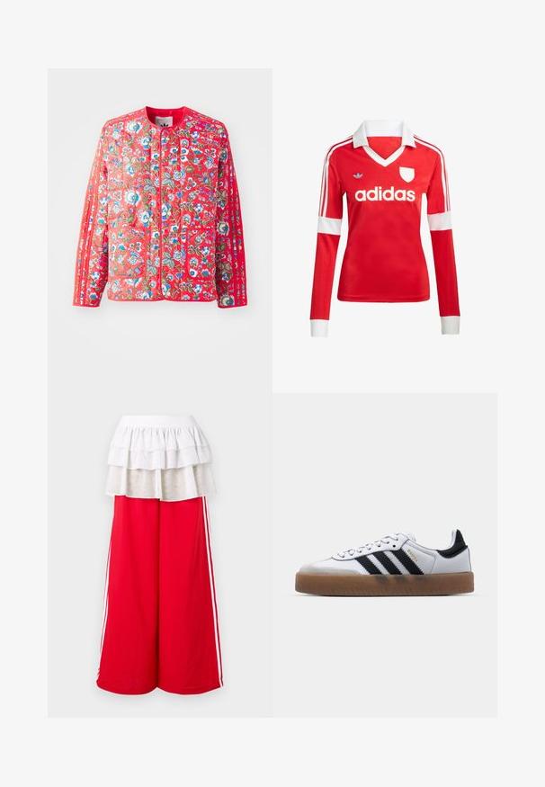 Rote, gesteppte Jacke mit floralem Muster in Blau, Grün und Weiß, mit rundem Ausschnitt, zwei Fronttaschen und kontrastierenden Besätzen.; Rotes Fußballtrikot mit langen Ärmeln, weißem Kragen und weißen Ärmelbündchen. Es hat drei weiße Streifen auf den Schultern und das "adidas"-Logo ist auffällig platziert.; Rote Hosen mit weitem Bein und weißen Seitenstreifen, versehen mit einem gestuften weißen Rüschensaum. Elastischer Bund für Komfort. Weiche Stoffstruktur.; Weiße Leder Sneakers mit schwarzen Streifen, Gummigummi-Außensohle, runder Zehenform, Schnürverschluss und weichem grauem Wildleder-Zehenkappe.