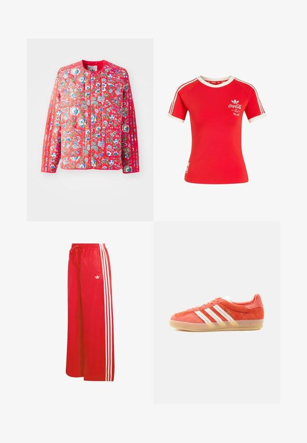 Rode gewatteerde jas met een bloemmotief in blauw, groen en wit, met een ronde halslijn, twee voorzakken en contrasterende afwerkingen.; Rode Adidas T-shirt met korte mouwen, witte strepen op de mouwen, een witte kraag en een Coca-Cola-logo met de tekst "Ice Cold" op de borst.; Rode atletische broek gemaakt van lichtgewicht materiaal, met een wijduitlopende pijp, elastische tailleband, trekkoord en drie witte strepen aan elke kant.; Oranje Adidas Gazelle sneaker met witte strepen en gumzool, zijaanzicht op effen lichte achtergrond.